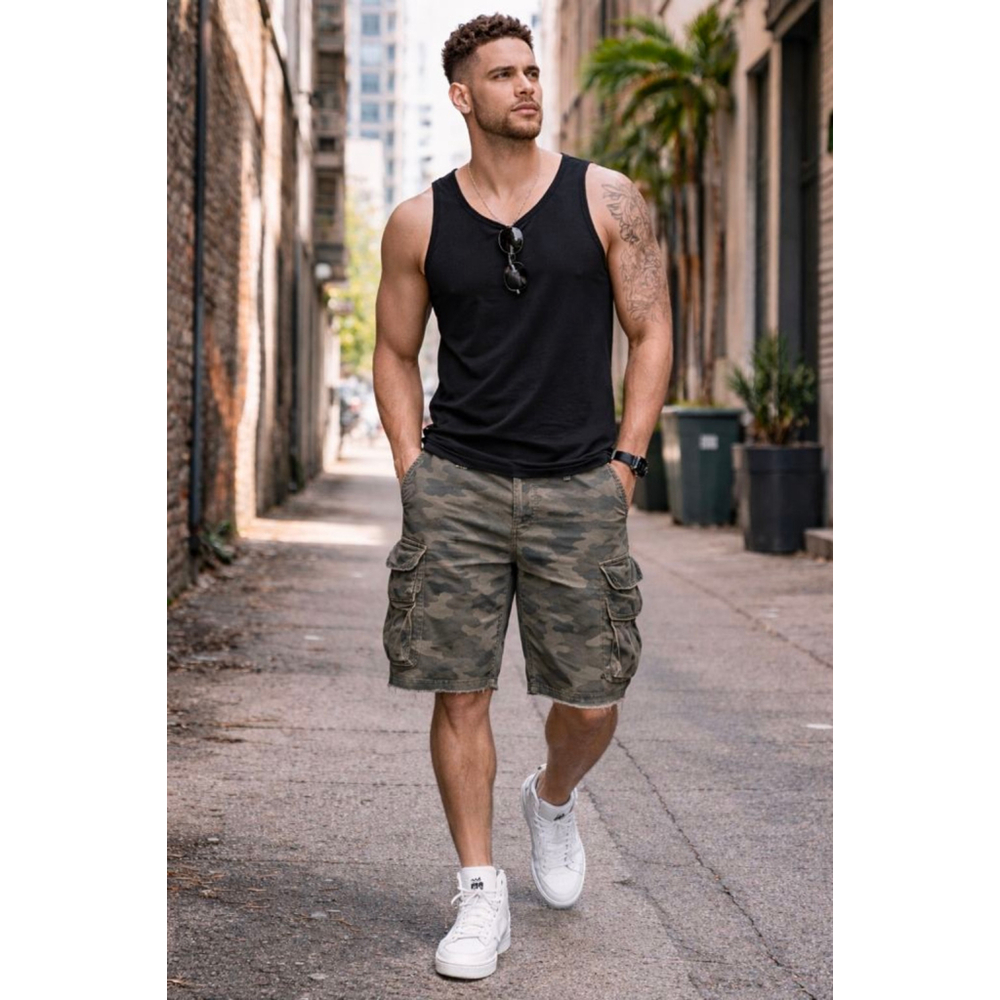 Plugg Camo Cargo Shorts 42 Distressed Streetwear Raw Hem Utility Military Style
